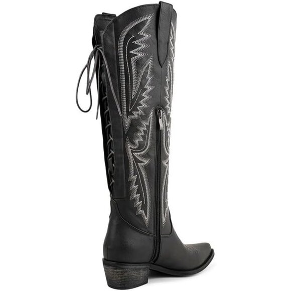 ⚡Women's Black Knee High Wide Calf Lace Up Embroidered Cowgirl Boots Pull On - Picture 5 of 7